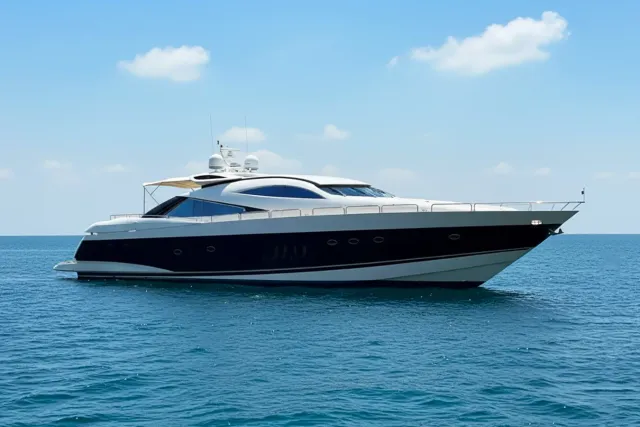 Timeless C yacht, a 95 ft Sunseeker luxury superyacht underway, 28.96 meters, built in 2002.