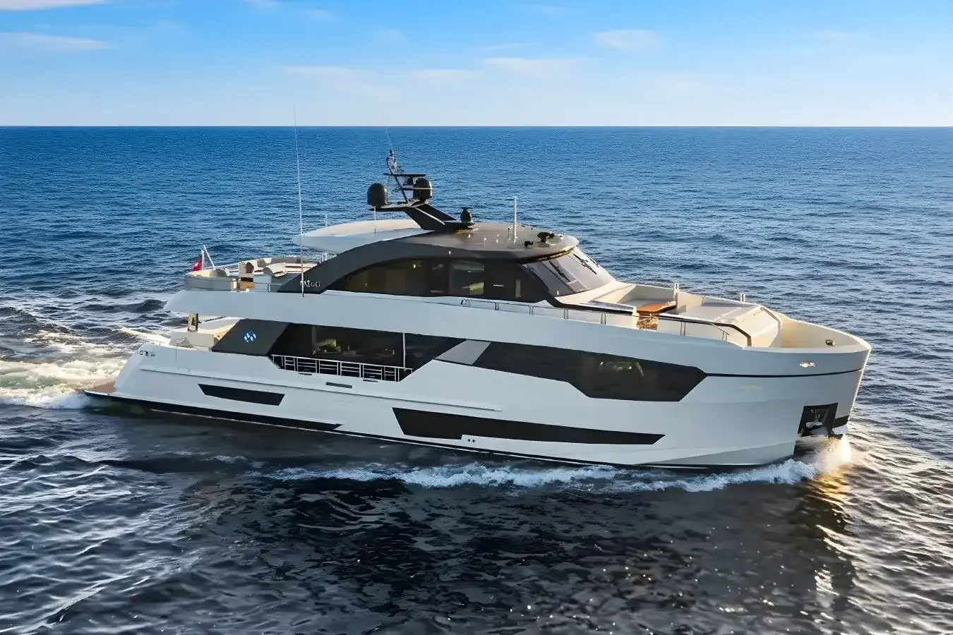 TLC yacht, a 90 ft Ocean Alexander luxury superyacht underway, 27.43 meters, built in 2019.