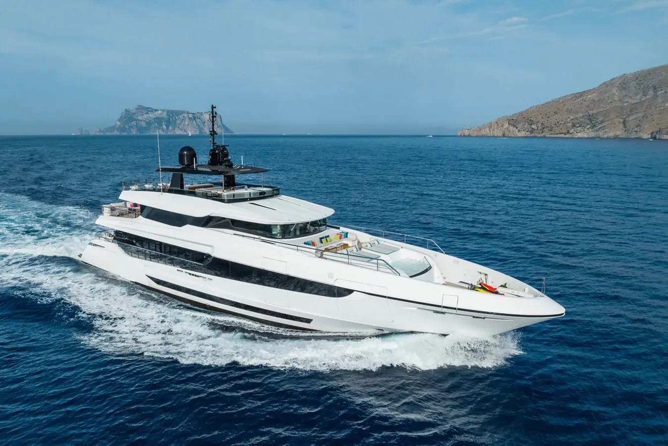 Toy yacht, a 141 ft Overmarine luxury superyacht underway, 42.98 meters, built in 2021.