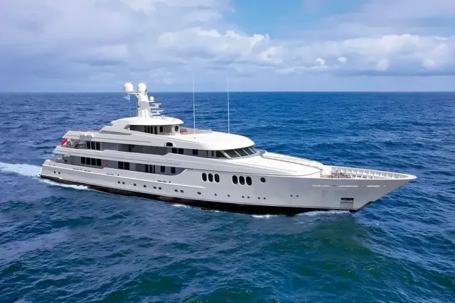 Trident yacht, a 214 ft Feadship luxury superyacht underway, 65.22 meters, built in 2009.