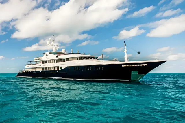Unbridled yacht, a 191 ft Trinity luxury superyacht underway, 58.22 meters, built in 2009, 2019.