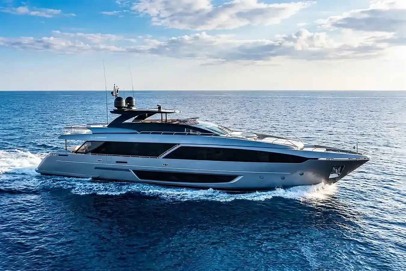 Undici yacht, a 110 ft Riva luxury superyacht underway, 33.53 meters, built in 2020.