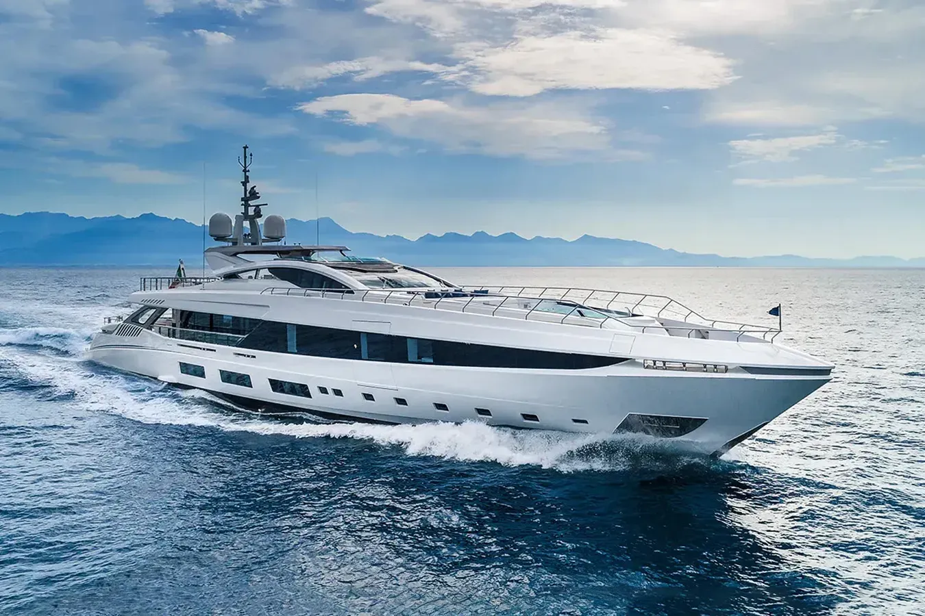 Velocity yacht, a 177 ft Overmarine luxury superyacht underway, 54 meters, built in 2020.
