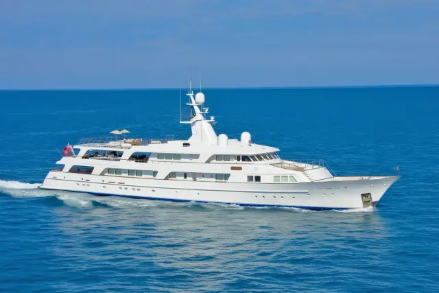 Victory yacht, a 182 ft Feadship luxury superyacht underway, 55.5 meters, built in 1983, 2025.