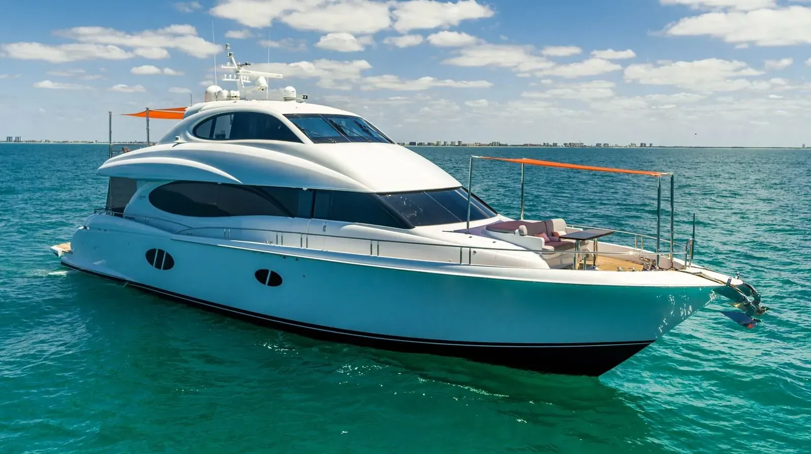 Voyager yacht, a 84 ft Lazzara luxury superyacht underway, 25.6 meters, built in 2006.