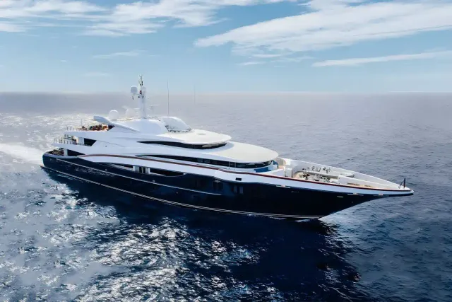 Wheels yacht, a 247 ft Oceanco luxury superyacht underway, 75.5 meters, built in 2008, 2022.