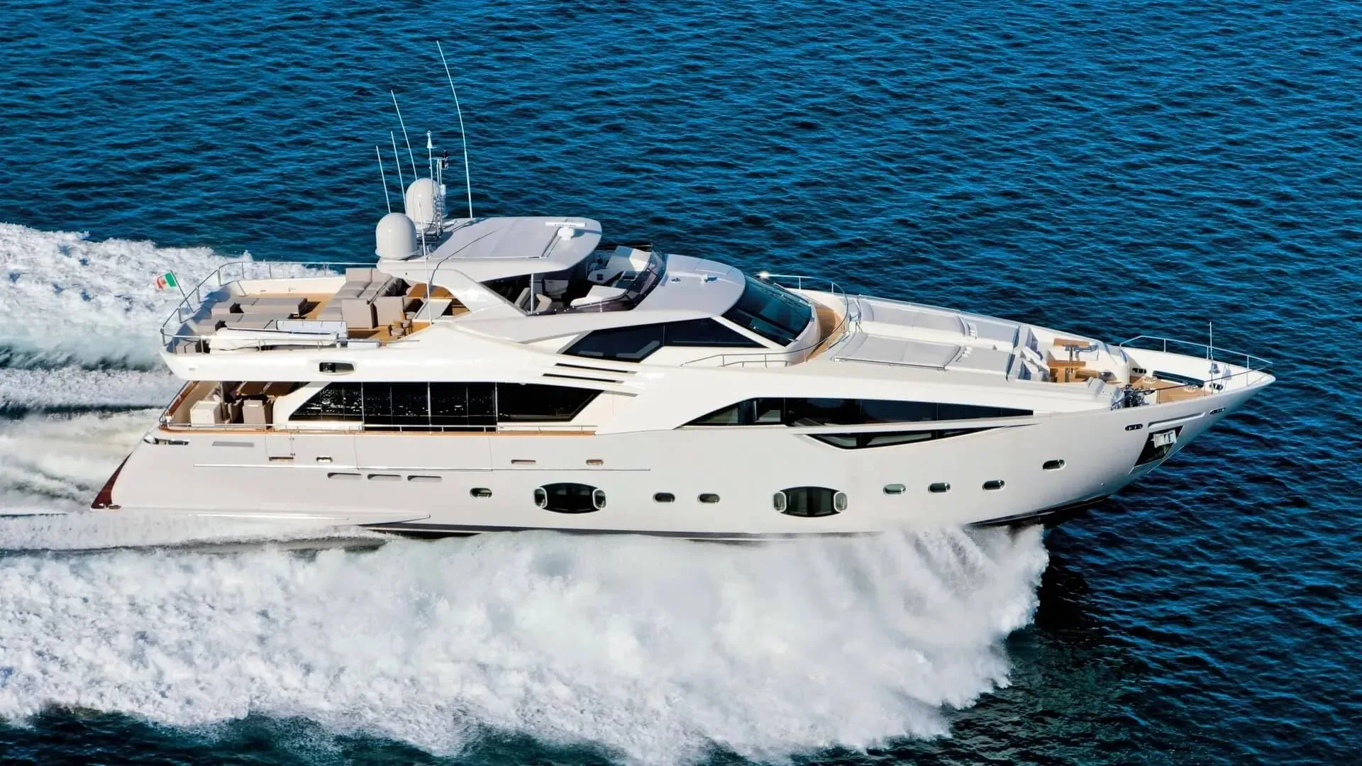 White Pearl yacht, a 100 ft Custom Line luxury superyacht underway, 30.6 meters, built in 2014.