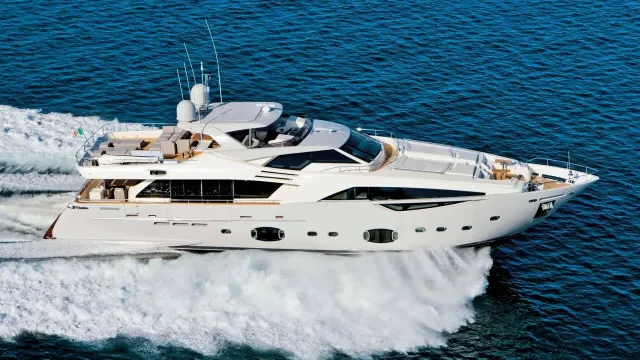 White Pearl yacht, a 100 ft Custom Line luxury superyacht underway, 30.6 meters, built in 2014.