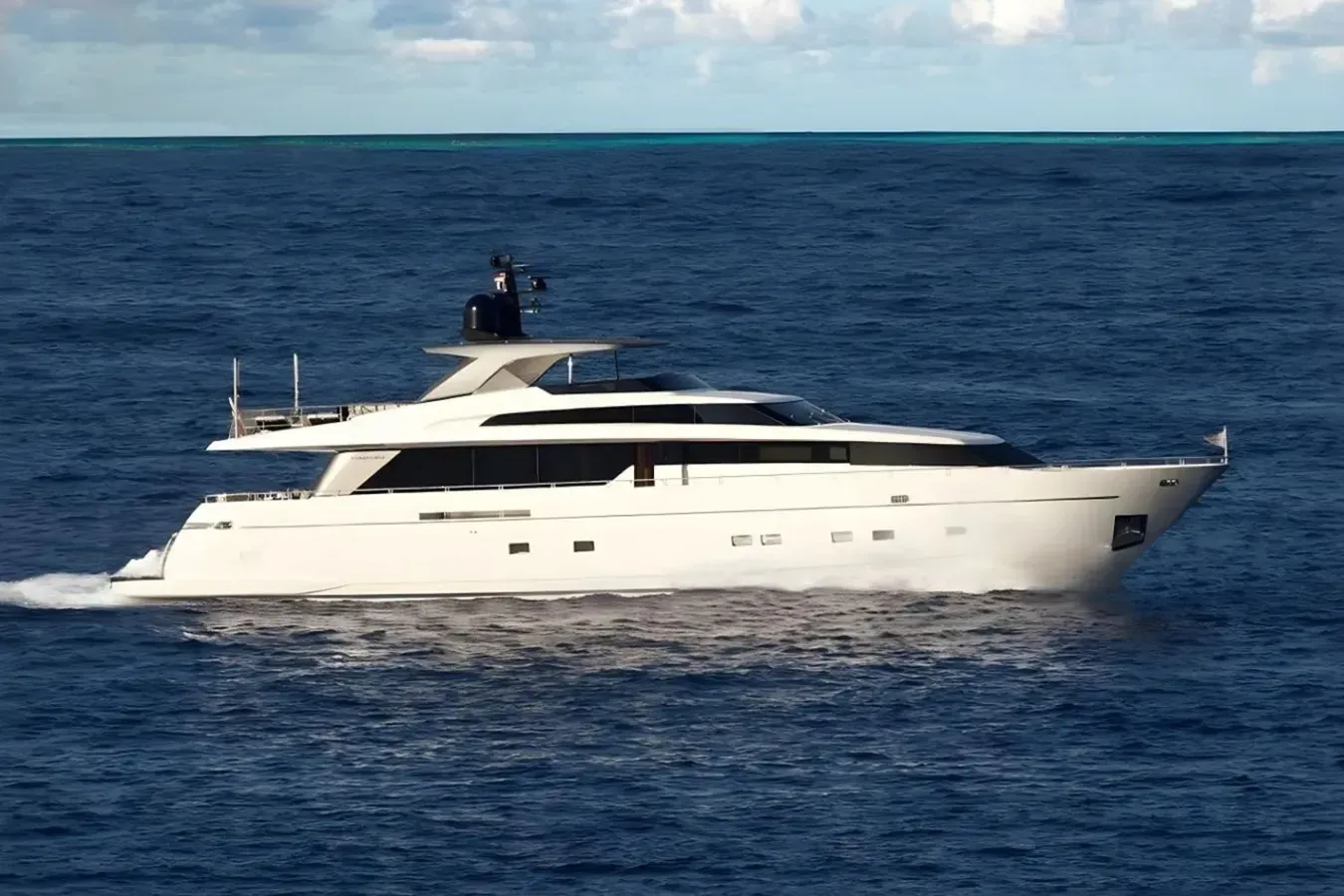 Why Not yacht, a 104 ft Sanlorenzo luxury superyacht underway, 31.7 meters, built in 2010.