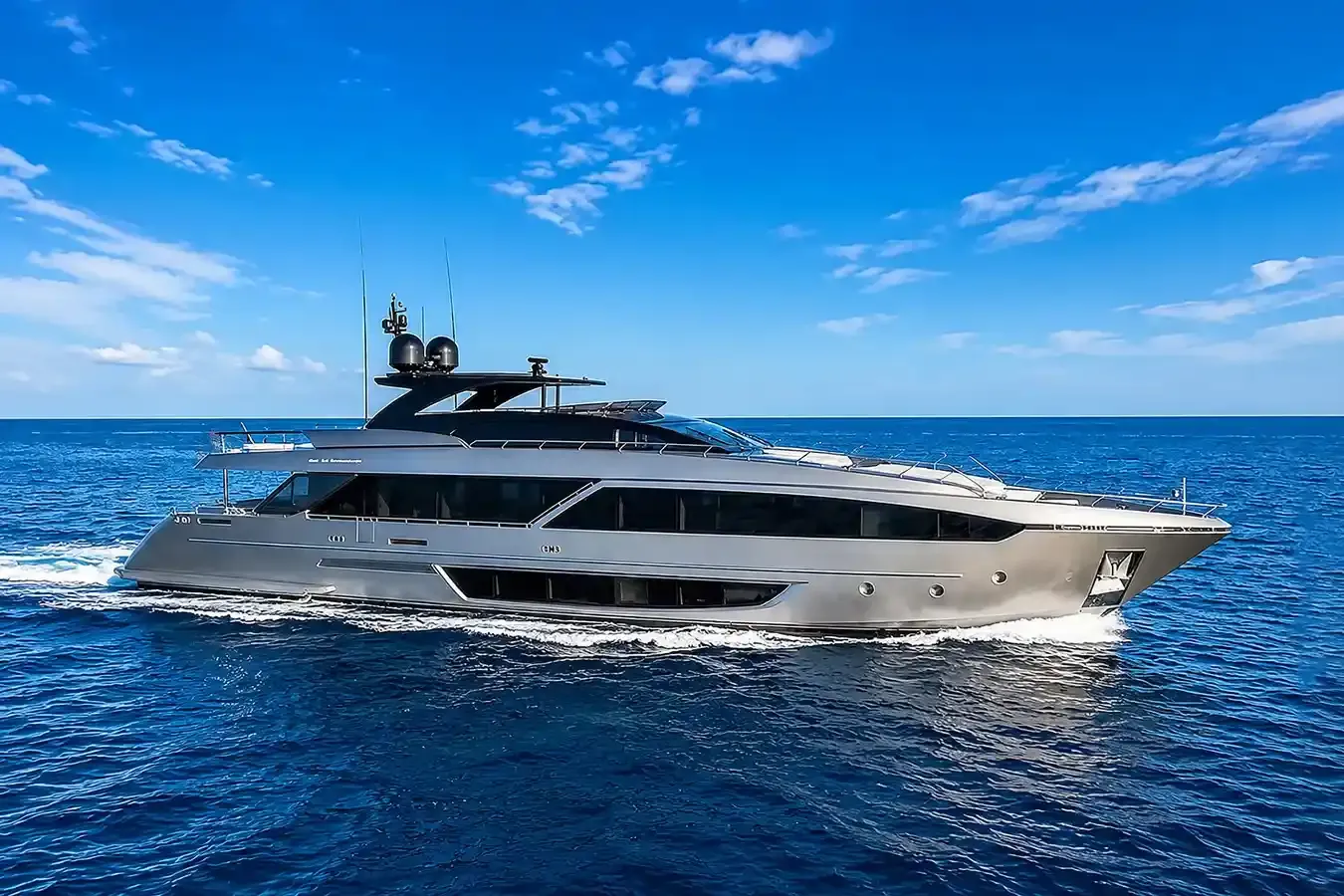 Zeta yacht, a 110 ft Riva luxury superyacht underway, 33.53 meters, built in 2023.