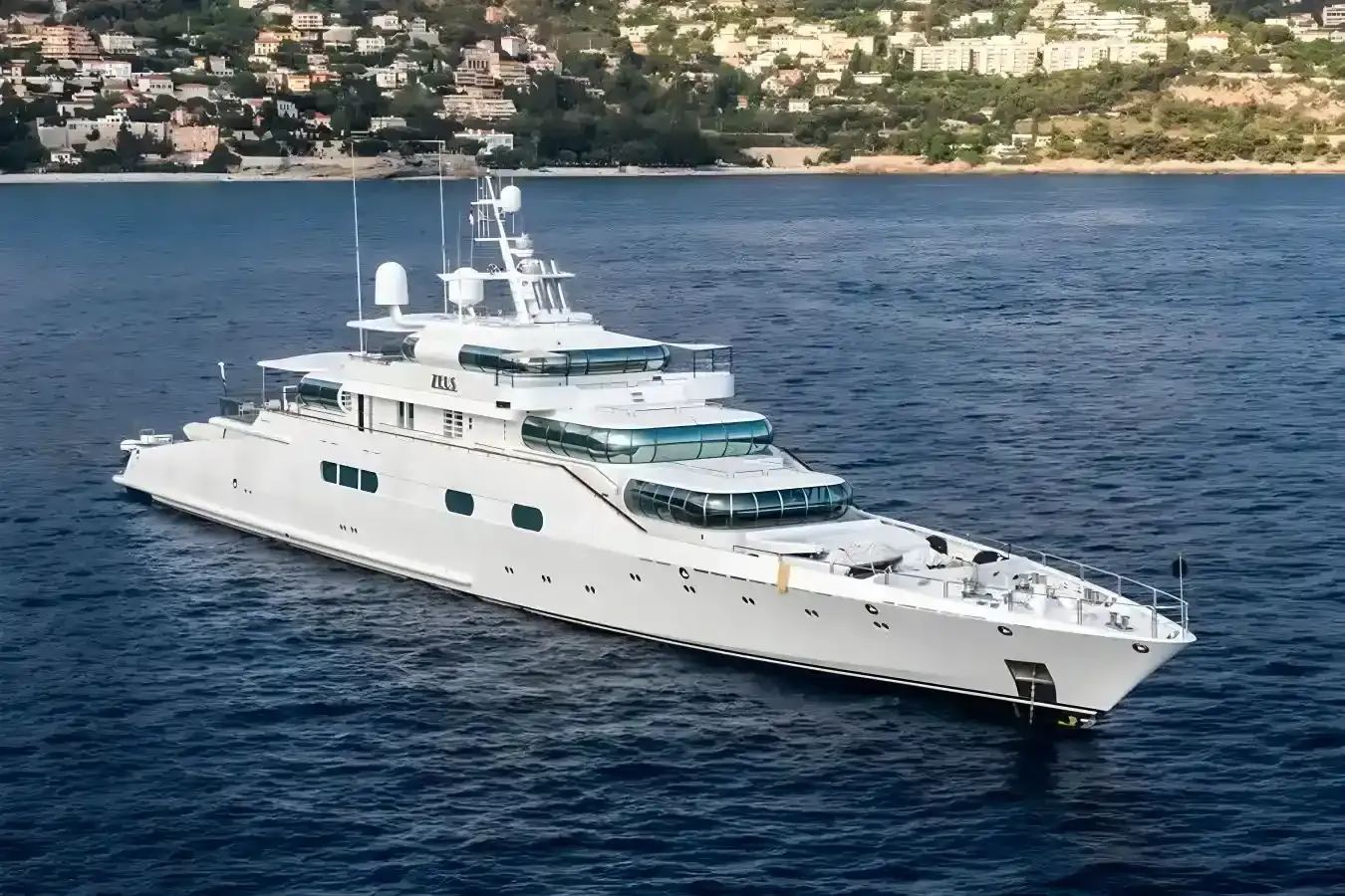 Zeus yacht, a 244 ft Blohm & Voss luxury superyacht underway, 74.5 meters, built in 1991, 2009.